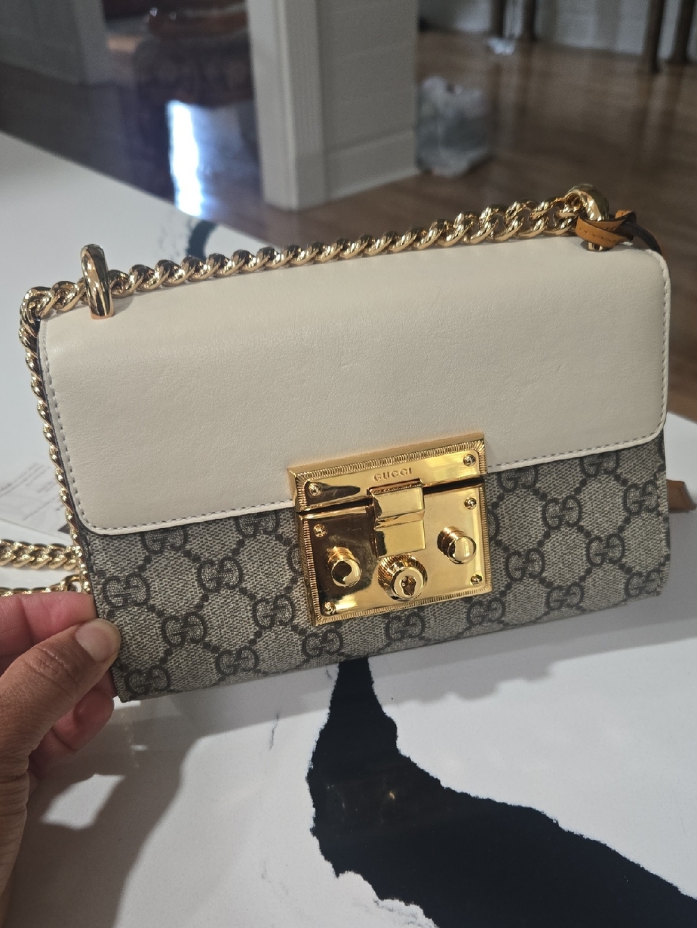 Gucci White Leather & GG Canvas Crossbody with Gold Hardware